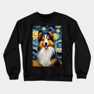 Cute Shetland Sheepdog Dog Breed Painting in a Van Gogh Starry Night Art Style Crewneck Sweatshirt